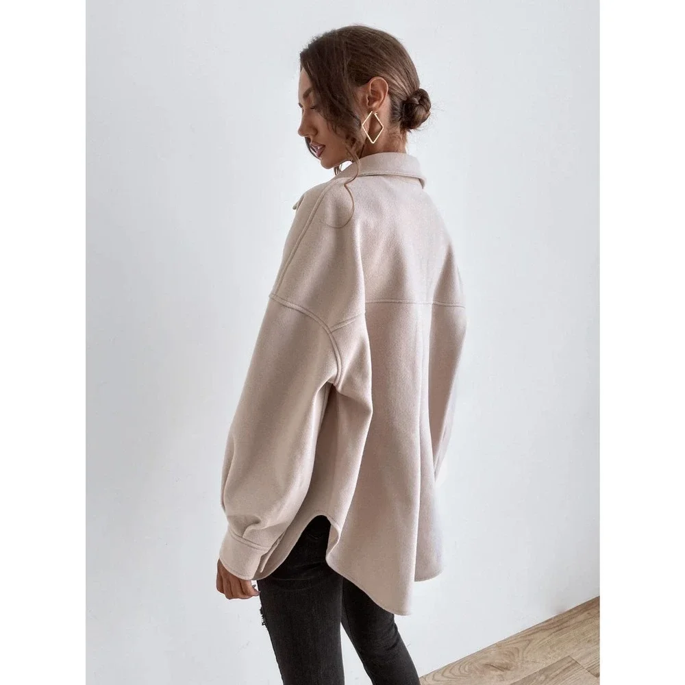 Drop Shoulder Pocket boyfriend shacket oversized jacket Coat cream tan - Picture 2 of 8